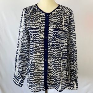 Trina Turk Navy & White Sheer Button Down Hi-Lo Hem Blouse - Size Small